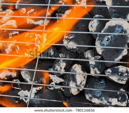 Burning flames and barbecue closeup