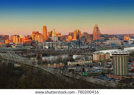 A View of the Cincinnati skyline at twilight