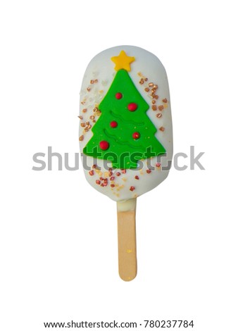 Christmas candies and ice cream decorated as Christmas trees on white background. New year and Christmas composition