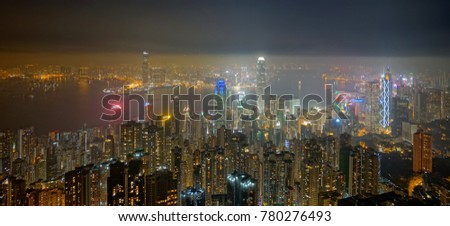 Hong Kong at night. Outstanding night view of Victoria Harbour from Victoria Peak. Hong Kong, January of 2017.
