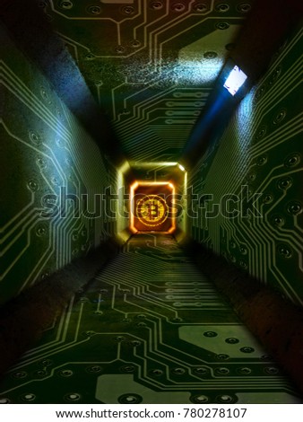 Luminous yellow bitcoin sign in the end of the dark tunnel