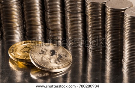 bitcoin with money coins background. Bitcoin cryptocurrency banking money business technology