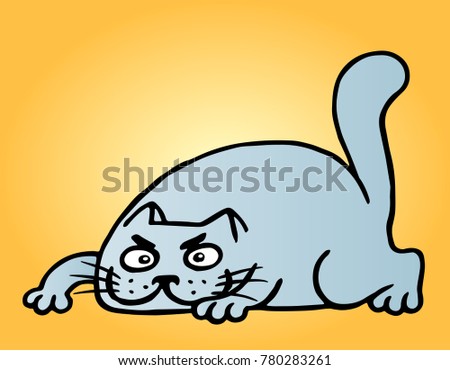 Funny cartoon blue cat hunter illustration. Cheerful animal pet.