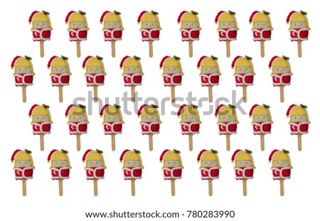 

pattern of Christmas candies and ice cream decorated as santa girls on white background. New year and Christmas composition