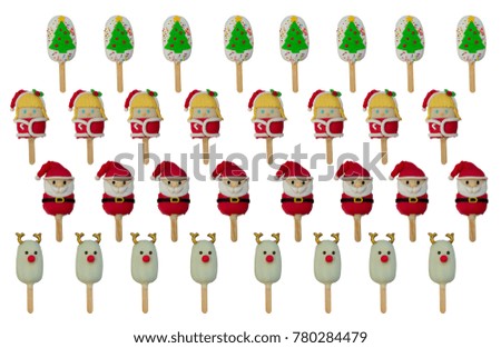 pattern of Christmas candies and ice cream decorated as santa claus, girls, reindeer and Christmas tree on white background. New year and Christmas composition