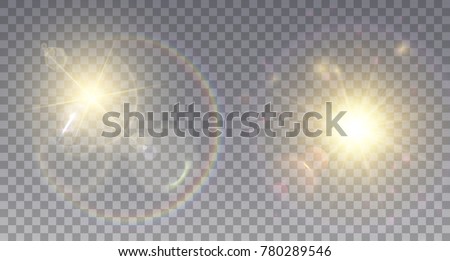 Two realistic lens flare effects on golden suns. Light particles and rainbow halo.