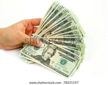 Female hands holding 20 dollar banknotes