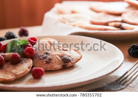 Pancakes with berries for breakfast Heart Shaped Food Valentine's Day Surprise Delicious Meal Raspberry Blackberry Mint Healthe Tasty