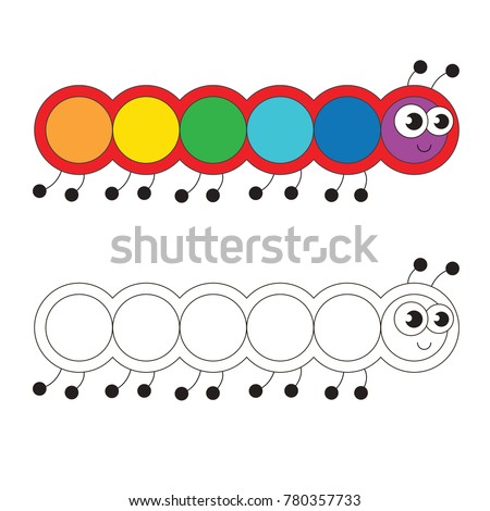 Caterpillar cartoon. Outlined colorful and colorless illustration with thin line black stroke