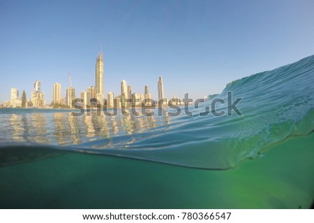 Sunrise at Surfers Paradise from the water.
