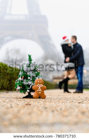 Eiffel tower background. Christmas tree. Celebrating christmas and New Year in Paris. Couple kiss