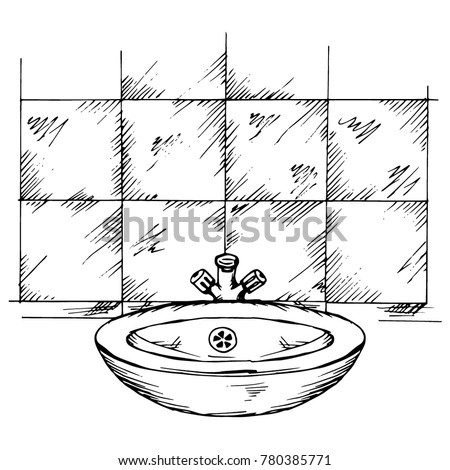 pencil drawing with a wash basin faucet and tiles