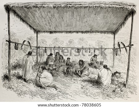 Old illustration of Antis natives, Peruvian indigenous, sheltered by wooden canopy. Created by Riou, published on Le Tour du Monde, Paris, 1864
