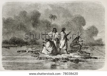Old illustration of southern American Chontaquiros natives fishing, Peru. Created by Riou, published on Le Tour du Monde, Paris, 1864