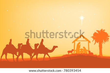 Christmas Christian Nativity Scene, the three wise men on camels through the desert with the star of bethlehem