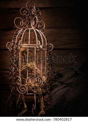 Still life art image of skeleton in white cage with metal chain and old woods on wooden table and background in dim light for Halloween night