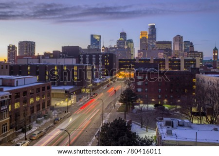 A Wide Angle Long Exposure Shot of a One-Way Heading into Downtown Minneapolis during a Winter Twilight