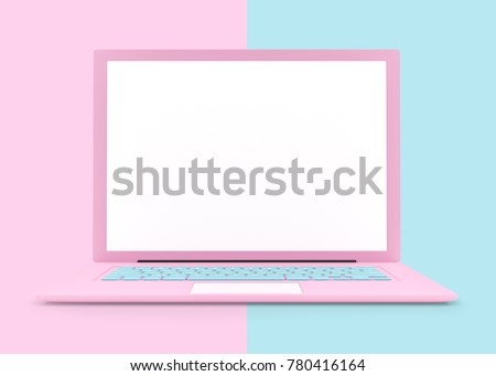 Laptop pink color with blank screen isolated and clipping path on pink and blue background. concept pastel color, 3d render.