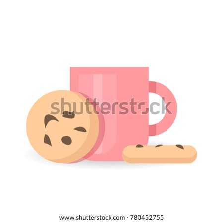 Illustration Flat design Pink mug with Cookies isolated 