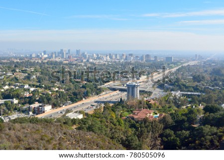 View over Los Angeles toward Century City district and San Diego freeway. 