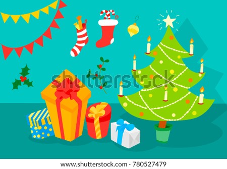Holiday Christmas New Year background with tree, gifts and decorations.