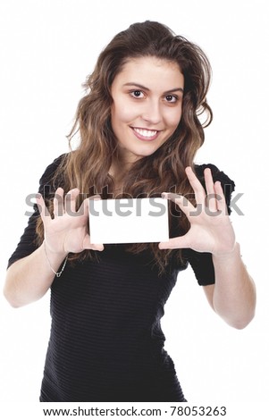 a beautiful and smiling woman holding an empty card