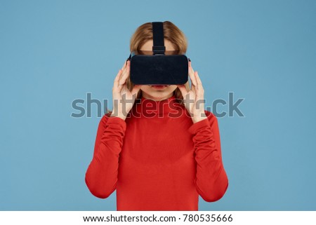  man in 3d glasses on a blue background, virtual reality                              