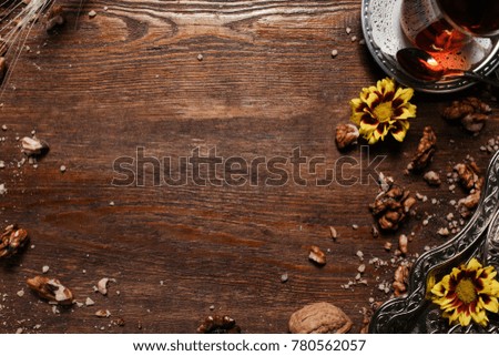 Creative food turkish cuisine background. Wooden texture. Tea and dessert concept