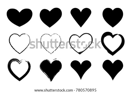 Black hearts set. Valentines day icons. Isolated on white signs. Vector illustration