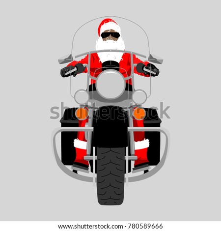 Santa Claus on heavy chopper motorcycle wearing white beard, red hat, fur collar boots front view isolated colour vector illustration