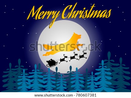 Team of Santa Claus against the background of the moon and the silhouette of a dog, vector illustration