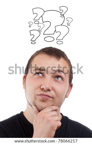 Young man with question signs over his head, in white background