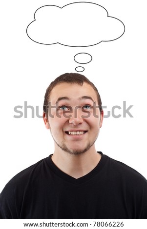 Young man with blank speech bubble over his head, isolated on white background