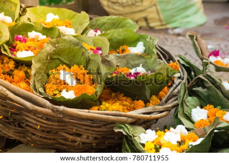 Flower baskets offering in Haridwar Royalty-Free Stock Photo #780711955
