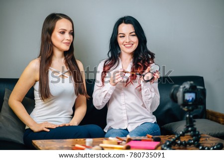 blogging, technology, videoblog, makeup and people concept - happy smiling woman or beauty blogger doing makeup from her client