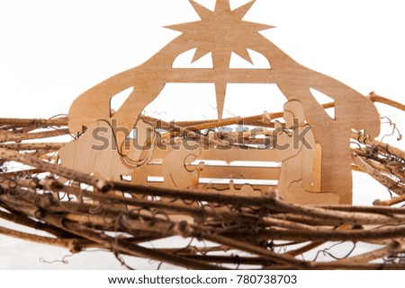 Christmas nativity scene of baby Jesus in the manger with Joseph, Mary and shepherds