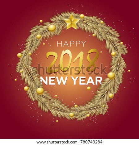 New Year card. golden wreath on a red background. golden wreath with inscription