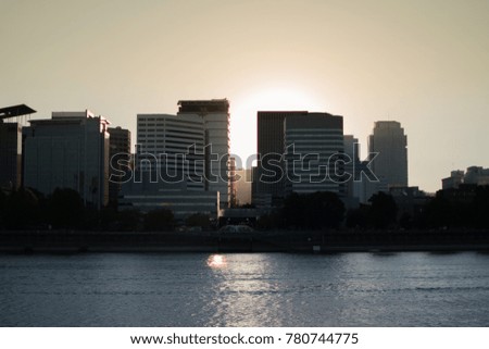 Downtown Portland Skyline From waterfront sunset