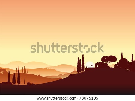 tuscany landscape in sunset with farm house and cypress trees, hills and mountains - vector illustration