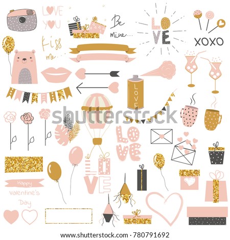 Valentine's Day cute pastel collection with gold glitter elements. Vector hand drawn illustration.
