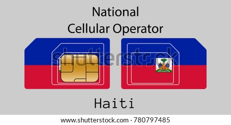 Vector image of both sides of a sim card with lines for its division into micro and mini sim cards, plotted on it image of the flag of Haiti and text "National cellular operator "