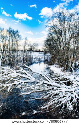 the winter cold river has not yet frozen, over the river a snow-covered tree hangs, nature background