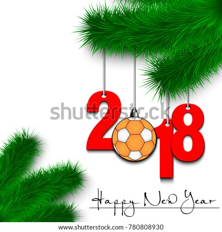 Happy New Year and numbers 2018 and handball ball as a Christmas decorations hanging on a Christmas tree branch on a white background. Vector illustration