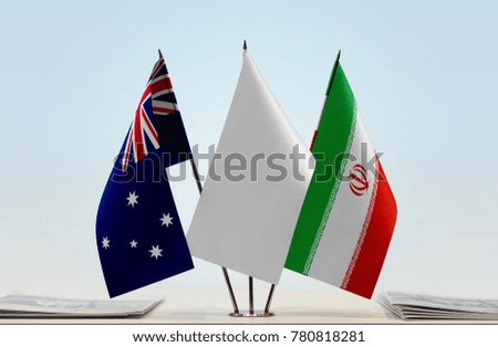 Flags of Australia and Iran with a white flag in the middle
