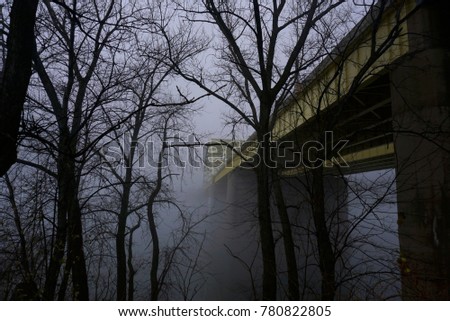 cincinnati, Ohio and covington Kentucky riverfront and skyline with bridges in the fog on a misty day 