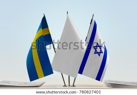 Flags of Sweden and Israel with a white flag in the middle