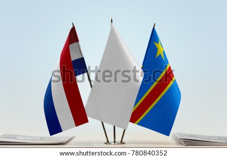 Flags of Netherlands and Democratic Republic of the Congo (DRC, DROC, Congo-Kinshasa) with a white flag in the middle