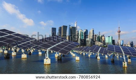 Green energy and sustainable development of solar energy with Shanghai bund panorama Skyline