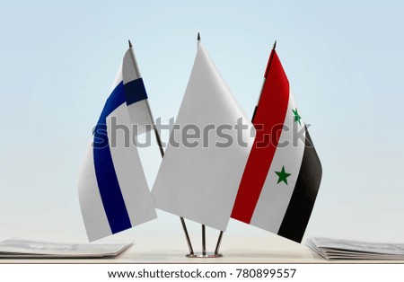 Flags of Finland and Syria with a white flag in the middle