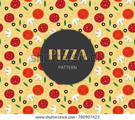 Seamless pizza vector pattern with mushrooms, tomatoes, pepperoni and olives. Label with dotted pizza lettering.